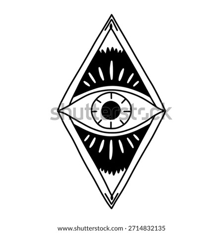 Occult vector illustration featuring the Evil Eye within diamond rhombus shape, surrounded by rays. Mystic, bohemian, and spiritual symbol of protection. Ideal for tattoo art or esoteric design.