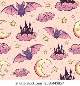 Occult and wiccan seamless pattern with bats, moon, stars and cloud castles. Magic pink repeat background with witchery elements.