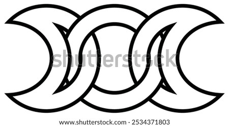 Occult wiccan symbol of triune goddess - ornament, ligature of three moons in Celtic motif. Line art icon, linear sign of intertwining moons. Symbolic image of lunar cycle. Vector illustration.