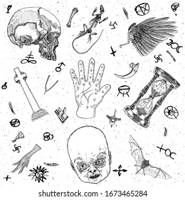 Occult witch magic set. Drawn witchcraft mystery symbols, sand clock, palmistry reader hand, bird wing, grave stone cross, vampire bat, human skull, chicken foot, lizard skeleton, evil baby. Vector.