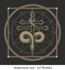 Occultic Medieaval Esoteric Symbol of wisdom Snake on a cross. Vector Illustration