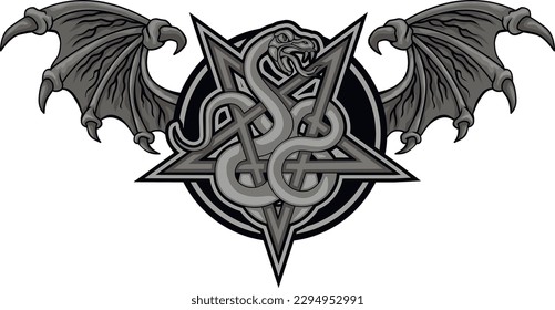 
occultic sign with pentogram and snake, grunge vintage design t shirts
