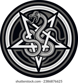 occultic sign with pentogram and snake, grunge vintage design t shirts