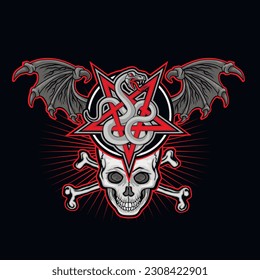 
occultic sign with pentogram and snake and skull, grunge vintage design t shirts