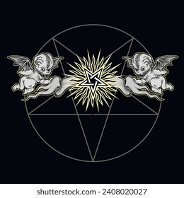 occultic sign with pentogram and ugly angels, grunge vintage design t shirts