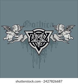 
occultic sign with pentogram and ugly angels, grunge vintage design t shirts