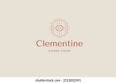 Occultism all seeing eye in circle bright sun frame line art logo place for text vector illustration. Esoteric optical vision magic practice organic nature decorative design branding identification