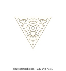 Occultism all seeing eye in curved vintage triangle frame antique line art icon vector illustration. Spiritual practicing magic spa relax meditation retro medieval mindfulness symbol decorative design