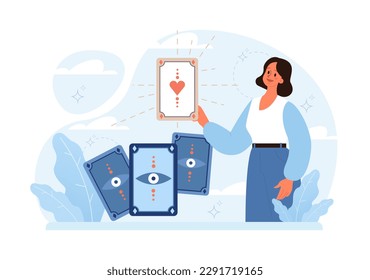 Occultism concept. Character performing witchcraft rituals, sorcery and magic. Astrology, tarot fortune-telling and love spelling. Modern and traditional spiritual practises. Flat vector illustration