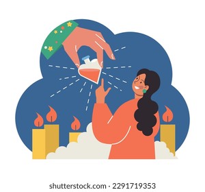 Occultism concept. Character performing witchcraft rituals, sorcery and magic. Astrology, tarot fortune-telling and love spelling. Modern and traditional spiritual practises. Flat vector illustration