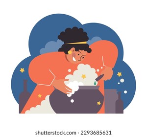 Occultism concept. Character performing witchcraft rituals, sorcery and magic. Astrology, tarot fortune-telling and love spelling. Modern and traditional spiritual practises. Flat vector illustration