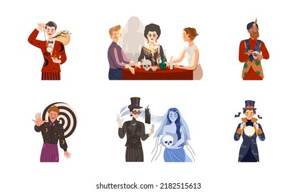 Occultism, esoteric and divination. Fortune teller, mentalist, psychic or hypnotist characters vector illustration