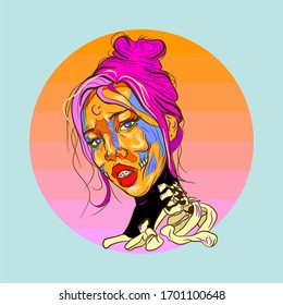 Occultism.  Girl with pink hair and bones