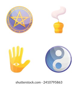 Occultism icons set cartoon vector. Accessory for magic ritual. Occult, prediction, witchcraft