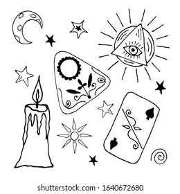 Occultism, magic, witchcraft. A set of isolated elements. Vector illustration. Outline drawing: candle, map, moon, stars.