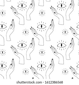 Occultism print with gothic hands and magic signs - devil eye. Seamless pattern. Linear black drawing. 