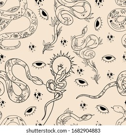 Occultism print with gothic hands and magic signs -  eye, snake. Seamless pattern. Linear black drawing. Vintage background.

