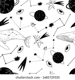 Occultism print with gothic hands and magic signs - whale, eye, constellation. Seamless pattern of magic signs and symbols linear monochrome. 