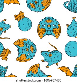 Occultism Seamless Pattern. Bat, Rat, Crystal Ball Seamless Pattern. Occultism Semless Pattern on white background isolated. Stock Vector Illustration. Cartoon style.