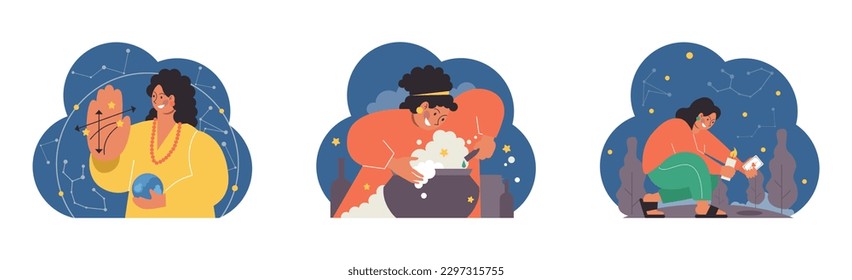 Occultism set. Character performing witchcraft rituals, sorcery and magic. Astrology, tarot fortune-telling and love spelling. Modern and traditional spiritual practises. Flat vector illustration