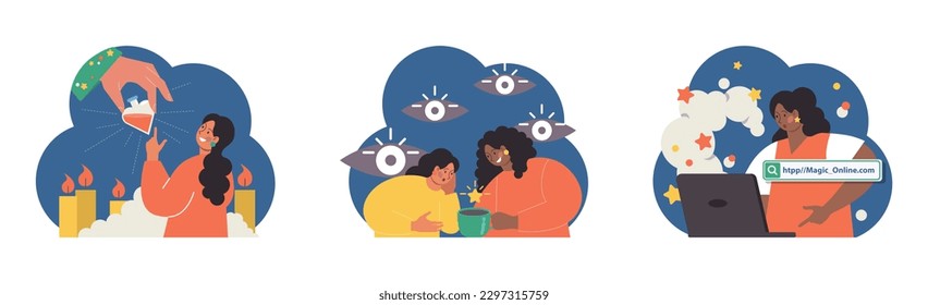 Occultism set. Character performing witchcraft rituals, sorcery and magic. Astrology, tarot fortune-telling and love spelling. Modern and traditional spiritual practises. Flat vector illustration