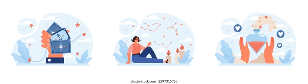 Occultism set. Character performing witchcraft rituals, sorcery and magic. Astrology, tarot fortune-telling and love spelling. Modern and traditional spiritual practises. Flat vector illustration