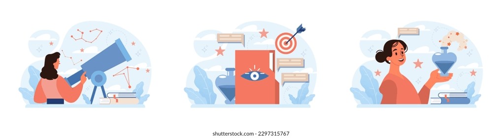 Occultism set. Character performing witchcraft rituals, sorcery and magic. Astrology, tarot fortune-telling and love spelling. Modern and traditional spiritual practises. Flat vector illustration