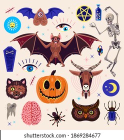 Occultism Set With Magic Characters. Goat, Pumpkin, Cat, Skeleton, Beetle, Owl, Spider, and Other Symbols. Vector Illustration For Kids.