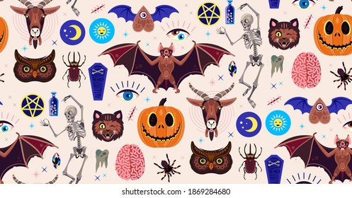 Occultism Set. Seamless Pattern With Magic Characters. Goat, Pumpkin, Cat, Skeleton, Beetle, Owl, Spider, and Other Symbols. Vector Illustration For Kids.