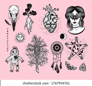 Occultism Set With Woman With Moth Eyes, Mandrake Root, Snakes On The Tree, Alchemical symbols, Heart Lock, Dream Catcher, Pentagram Of Roses, Voodoo Doll, Crow Skull. Vector Illustration.