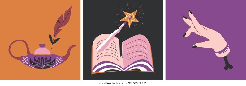 Occultism and wiccan practice, isolated book of spells with wand. Hand of witch or sorceress. Pot or kettle with ornaments and feathers. Supernatural powers and witchcraft. Vector in flat style