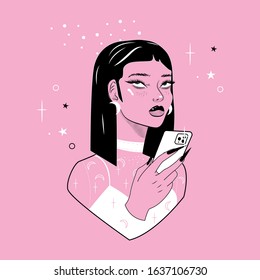 Occulture witch with smartphone on pink background selfie stars