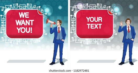 Occupation announcing banner. Advertisement concept clipart. Business invitation cards. Colorful cartoon characters. Vector illustration. 