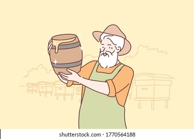 Occupation, beekeeping, honey concept. Old man senior citizen pensioner farmer beekeeper cartton character at apiary holding honey in barrels. Rural hobby and creative job on farmland illustration.