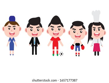 Occupation characters: air hostess, businessman, footballer, boxer, cook with happy faces