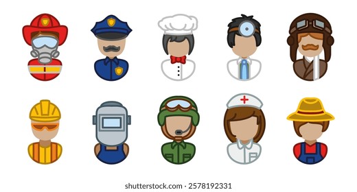 Occupation characters colored icon set. Profession people colorful vector illustrations. Job uniform cartoon characters. Professional career person. Fireman, police officer, chef, doctor, engineer.