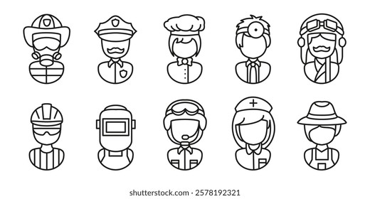 Occupation characters icon set. Profession people outline vector illustrations. Job uniform line symbol. Professional career person avatar collection. Fireman, police officer, chef, doctor, engineer.