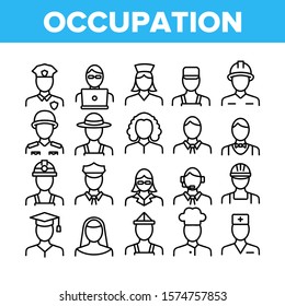 Occupation Collection Elements Icons Set Vector Thin Line. Policeman And Doctor, Teacher And Nurse, Builder And Military, Occupation Concept Linear Pictograms. Monochrome Contour Illustrations