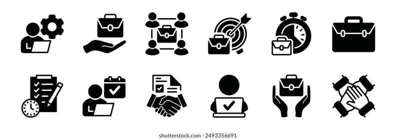 Occupation, employment, job, and work flat icon vector set. Containing team, teamwork, agreement contract, management, time, target, goal, organisation, schedule, checklist, bag, and success