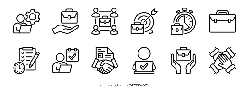 Occupation, employment, job, and work thin line icon vector set. Containing team, teamwork, agreement contract, management, time, target, goal, organisation, schedule, checklist, bag, and success