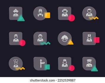 occupation glass morphism trendy style icons. occupation transparent glass vector icons with color memphis figures. for web and ui design, mobile apps and promo business advertising