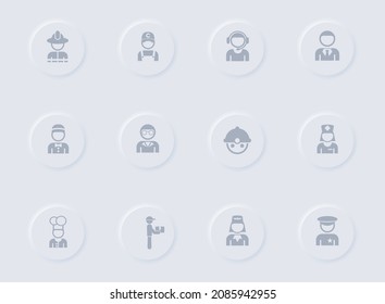 occupation gray vector icons on round rubber buttons. occupation icon set for web, mobile apps, ui design and promo business polygraphy