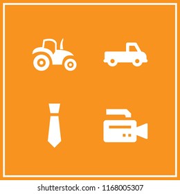 occupation icon. 4 occupation vector set. tractor side view, video camera, pickup truck and tie icons for web and design about occupation theme