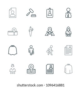 Occupation icon. collection of 16 occupation outline icons such as hairdresser peignoir, casino girl, maid, man with case. editable occupation icons for web and mobile.