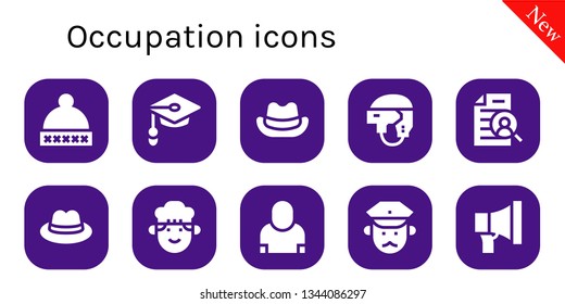 Occupation Icon Set. 10 Filled Occupation Icons.  Collection Of - Hat, Unemployed, Helmet, Curriculum, Chef, Salesman, Policeman, Promotion