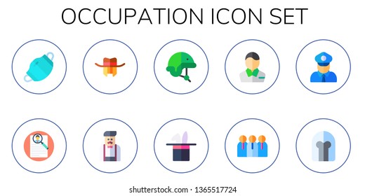 occupation icon set. 10 flat occupation icons.  Simple modern icons about  - dentist mask, curriculum, hat, barman, helmet, pharmacist, workers, policeman