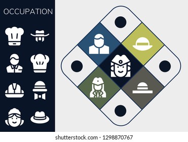  occupation icon set. 13 filled occupation icons. Simple modern icons about  - Stewardess, Maid, Hat, Helmet, Pharmacist, Chef