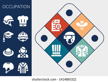 Occupation Icon Set. 13 Filled Occupation Icons.  Collection Of - Helmet, Uniform, Hat, Stewardess, Unemployed, Chef, Curriculum, Lab Coat