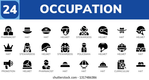 occupation icon set. 24 filled occupation icons.  Collection Of - Pharmacist, Hat, Helmet, Stewardess, Policeman, Promotion, Curriculum