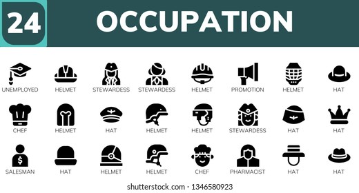 Occupation Icon Set. 24 Filled Occupation Icons.  Simple Modern Icons About  - Unemployed, Helmet, Stewardess, Promotion, Hat, Chef, Salesman, Pharmacist